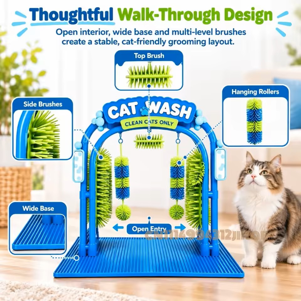 Blue cat grooming station graphic titled "Thoughtful Walk-Through Design," showing feature close-ups and a brown-and-white tabby cat sitting beside the arch.