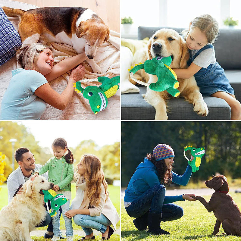 Collage of people interacting with dogs using a green dinosaur-shaped dog toy.