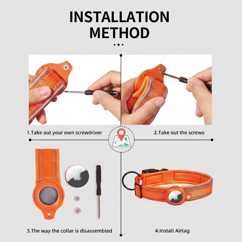 Step-by-step guide on installing an Airtag on a dog collar with tools and screws.