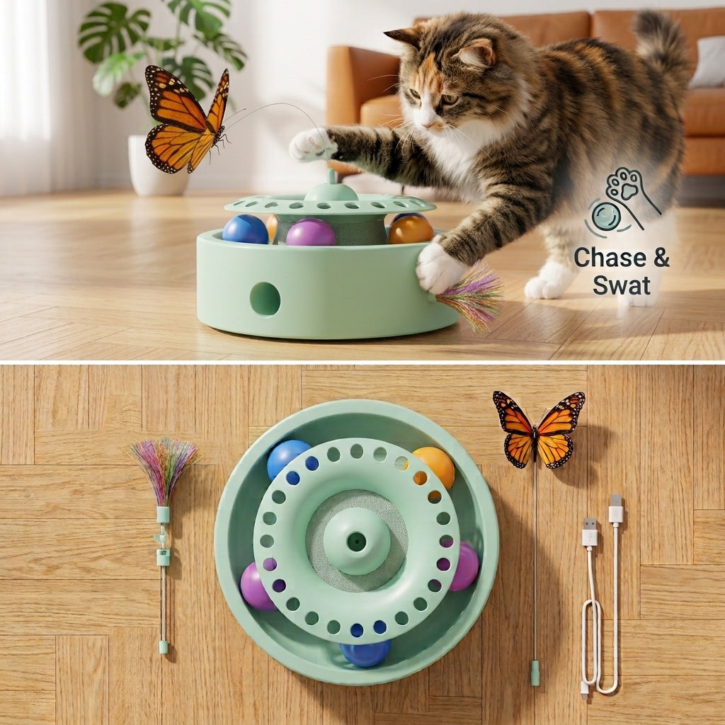 3-in-1 Smart Electric Cat Toy Turntable – Flying Butterfly, Ambush Feather & Interactive Track Ball