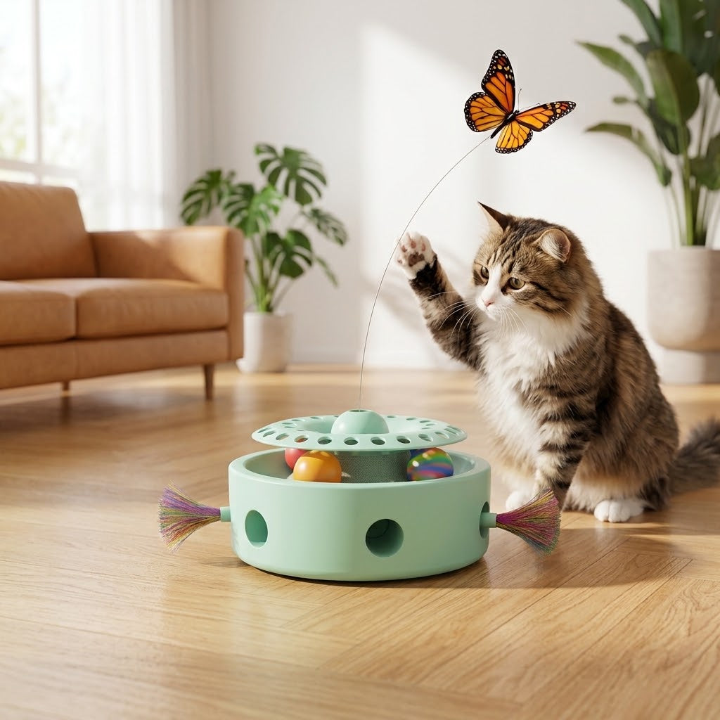 Fluffy brown-and-white cat reaching up with its paw to swat at a 360-degree rotating monarch butterfly teaser on a mint green 3-in-1 electric cat turntable toy.