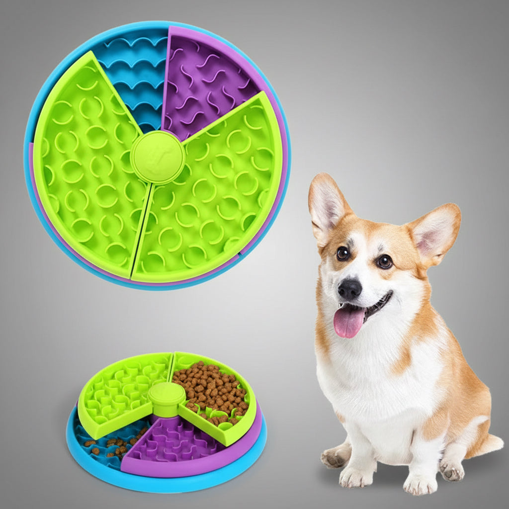 dog puzzle feeder with a dog sitting next to it