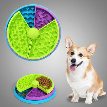 dog puzzle feeder with a dog sitting next to it