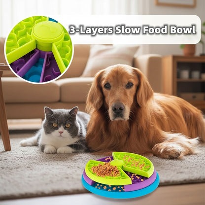 Dog and cat with a 3-layered slow food bowl on a light background