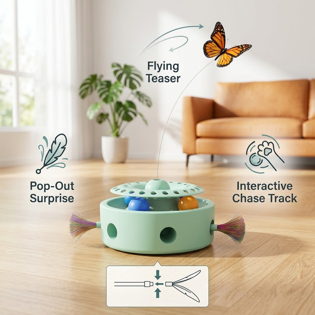 Feature diagram of a mint green 3-in-1 smart cat turntable showing "Flying Teaser," "Claw-Safe Design," "Unpredictable Play," and wand assembly instructions.