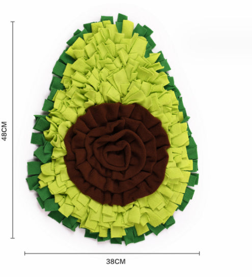 Avocado-shaped pet mat with dimensions on a white background