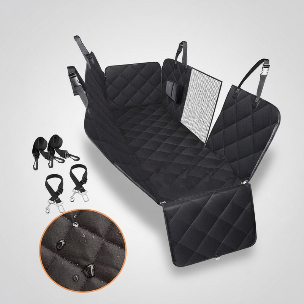 Black car seat cover with quilted design and additional accessories on a white background