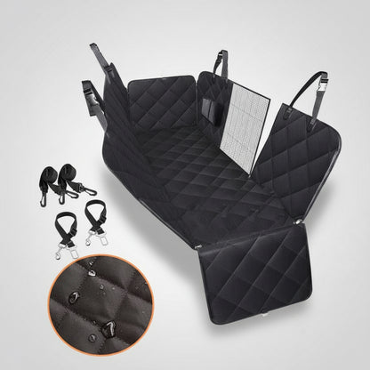 Black car seat cover with quilted design and additional accessories on a white background