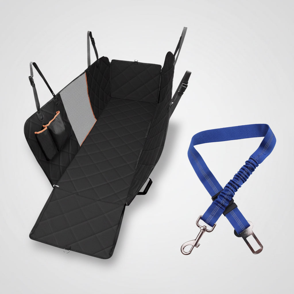 Black car seat cover and blue dog leash with clip on a white background