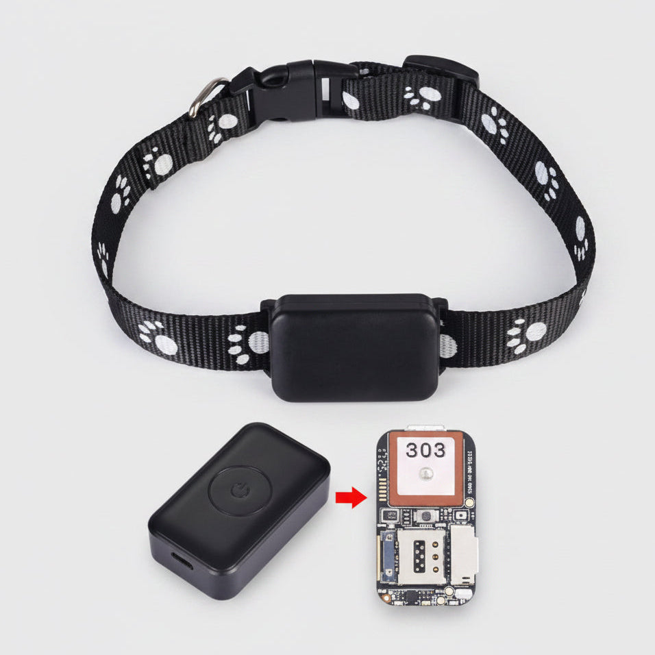 Black dog collar with a small black device attached, on a white background.