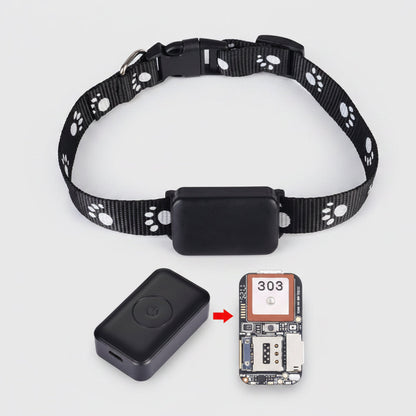 Black dog collar with a small black device attached, on a white background.