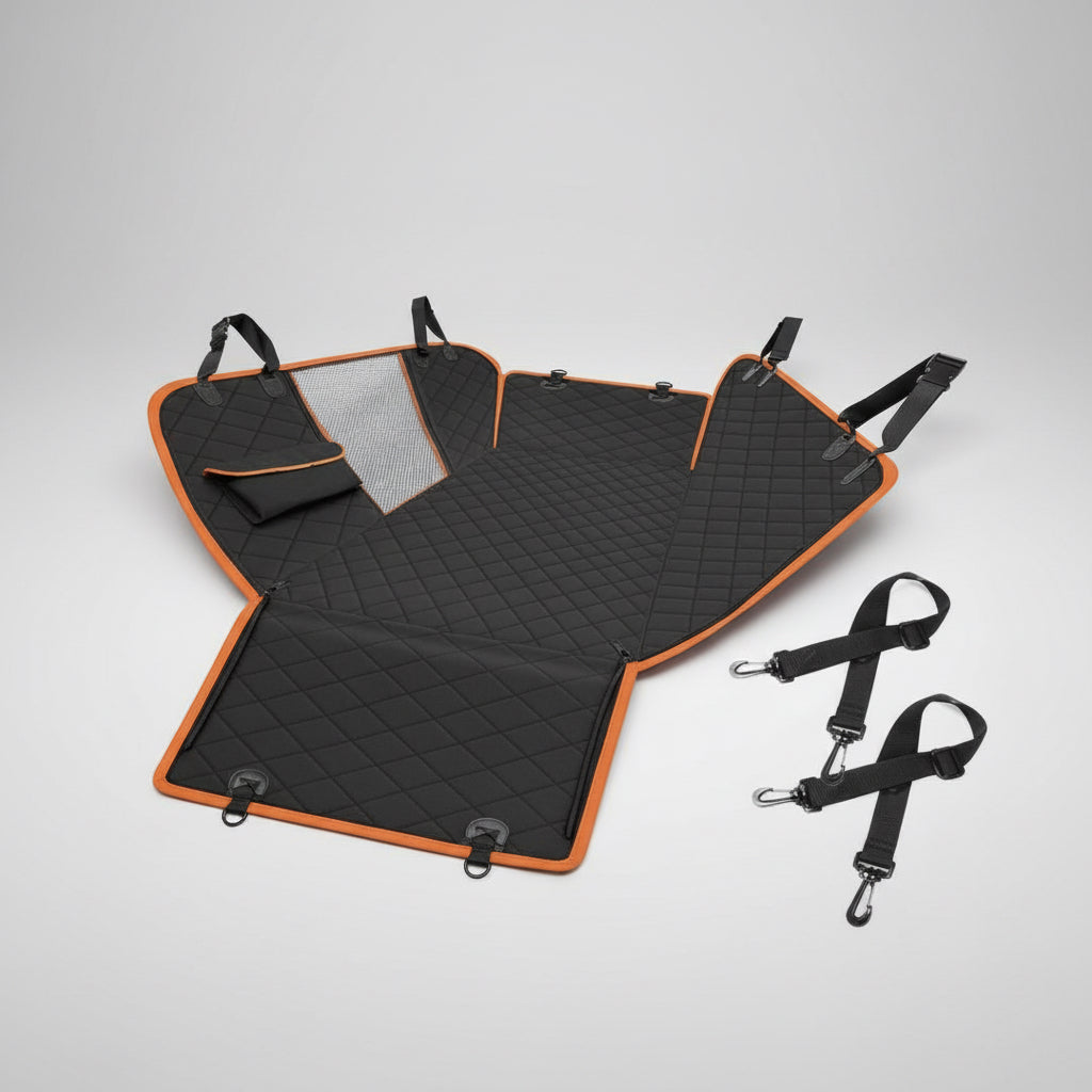 Black and orange car seat cover with straps
