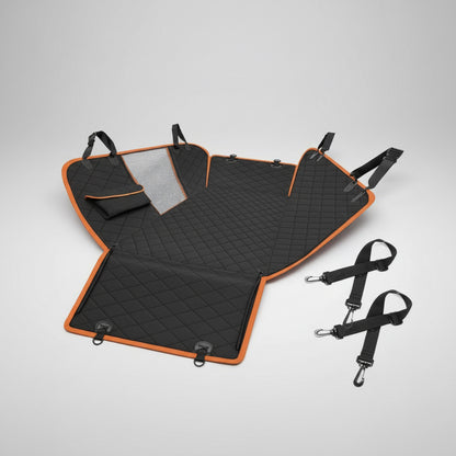 Black and orange car seat cover with straps