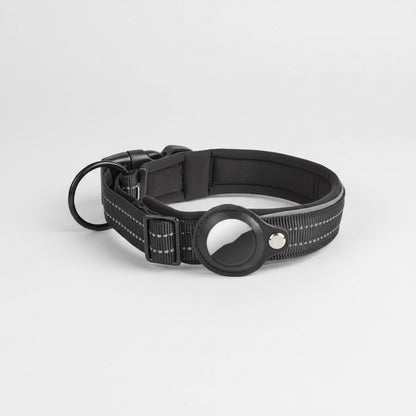 Black dog collar with reflective strip on a white background