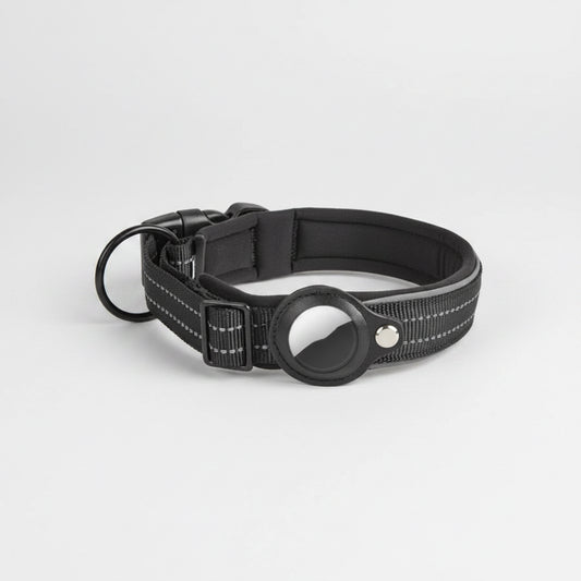 Black dog collar with reflective strip on a white background