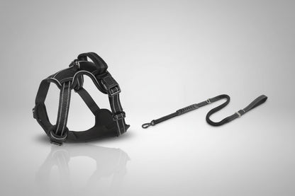 Black dog harness and leash on a white background