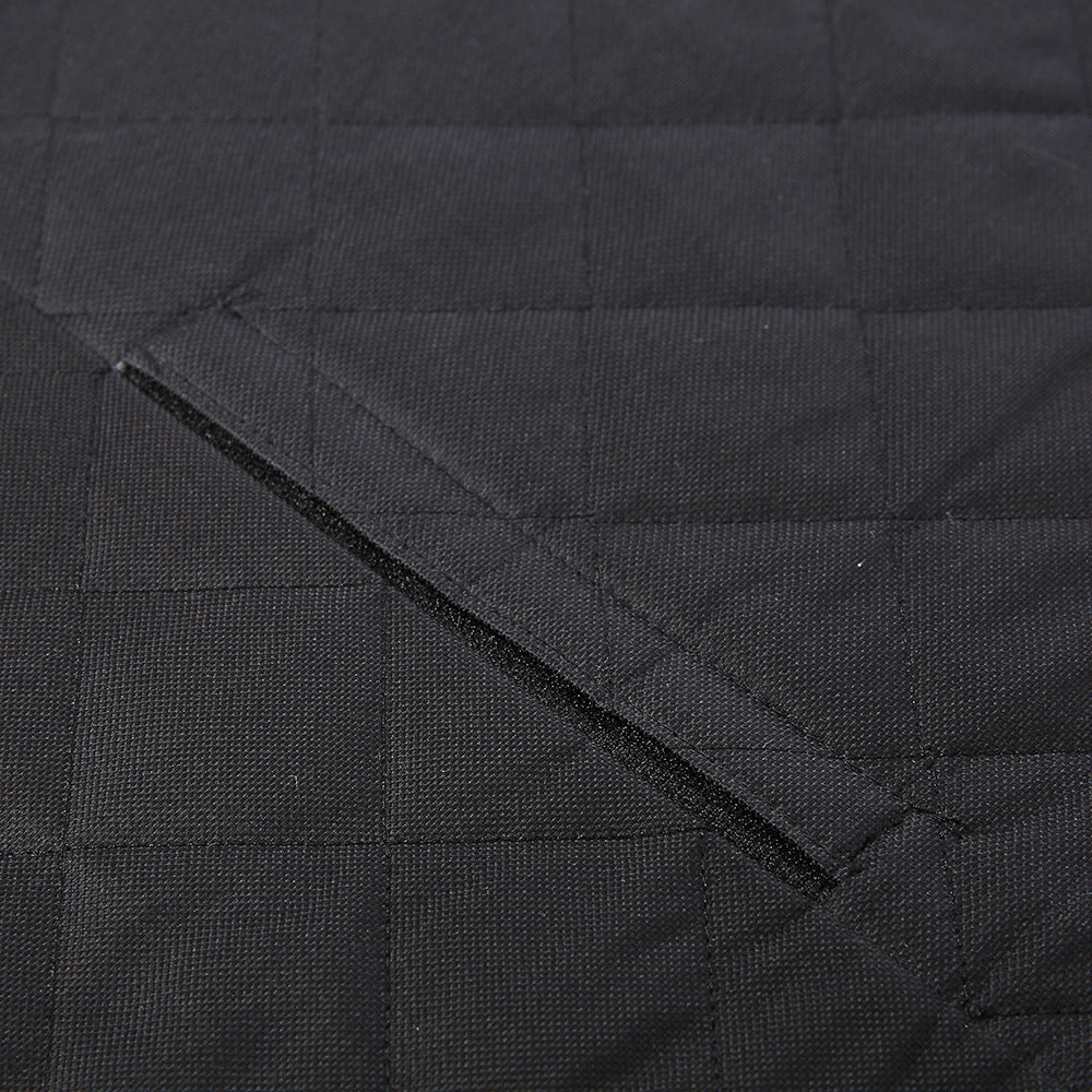 Close-up of black quilted fabric with stitching details