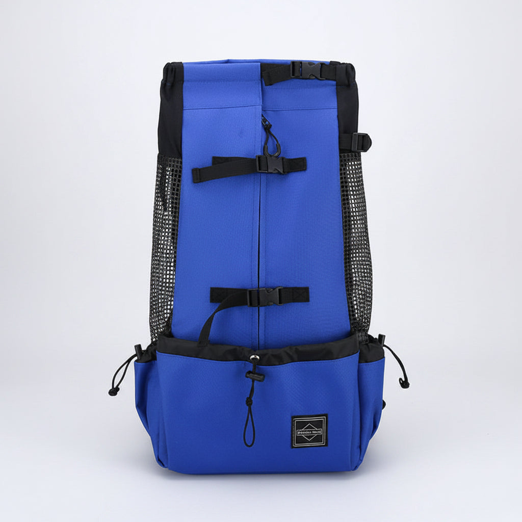 Blue backpack with black straps on a white background
