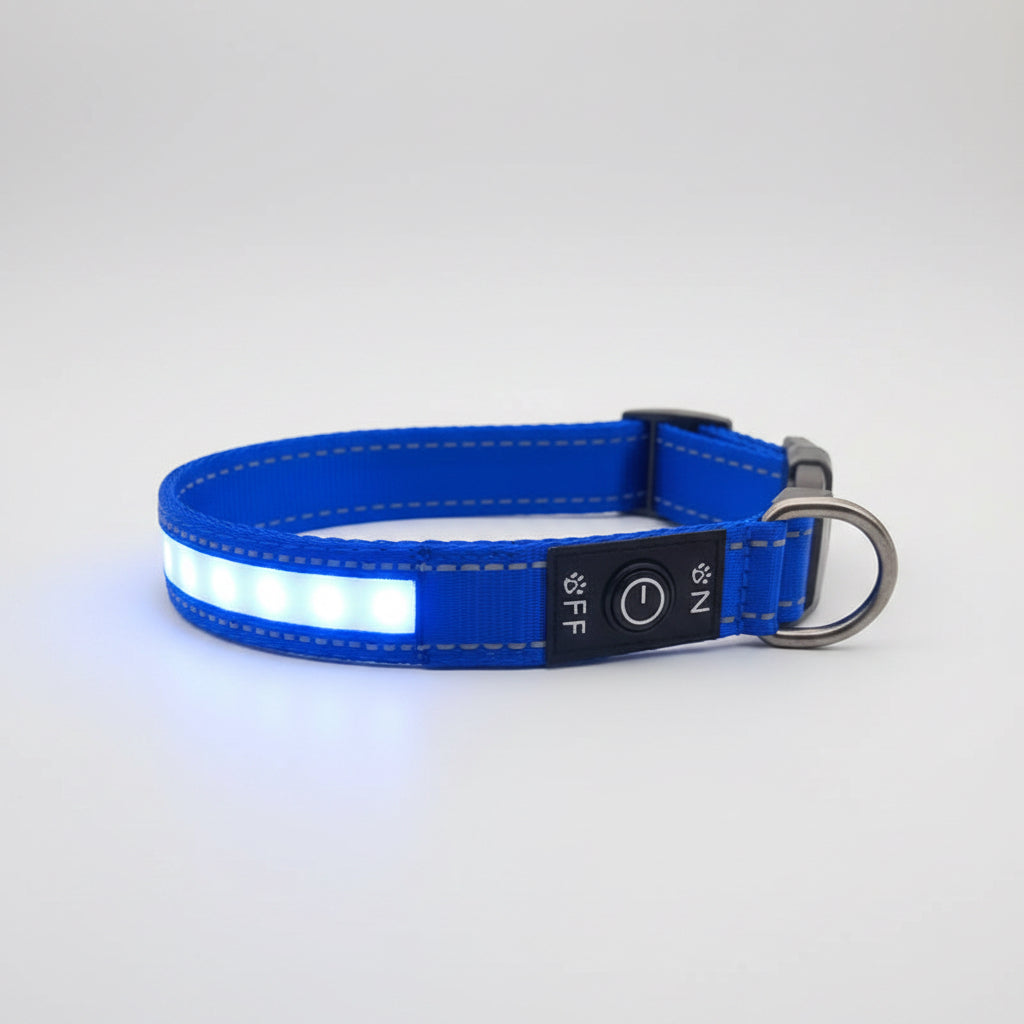 Blue dog collar with a brand tag on a white background