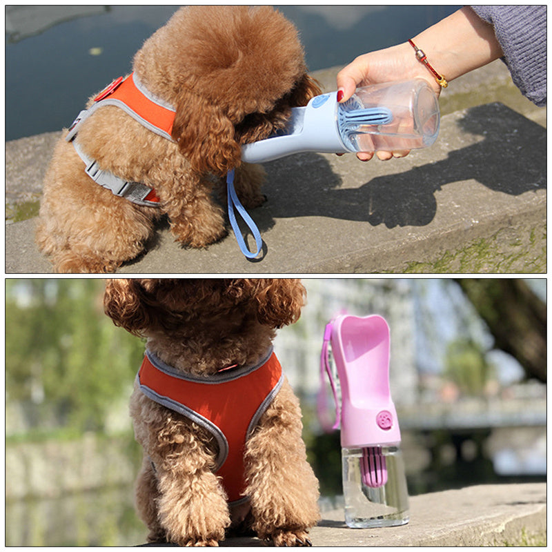 Dog being bathed with a handheld shower and a pink pet grooming tool outdoors.