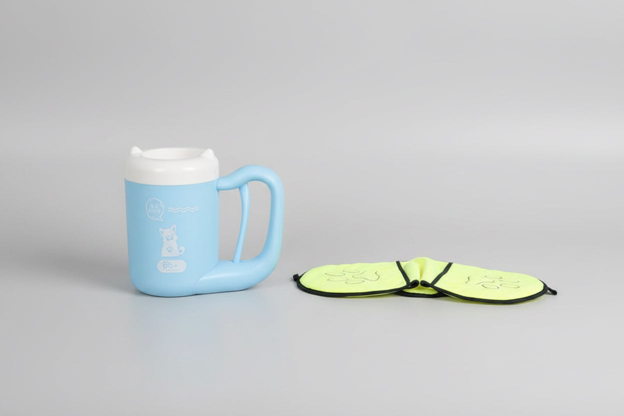 Blue mug on a wooden shelf with a green paw print mask on a white background