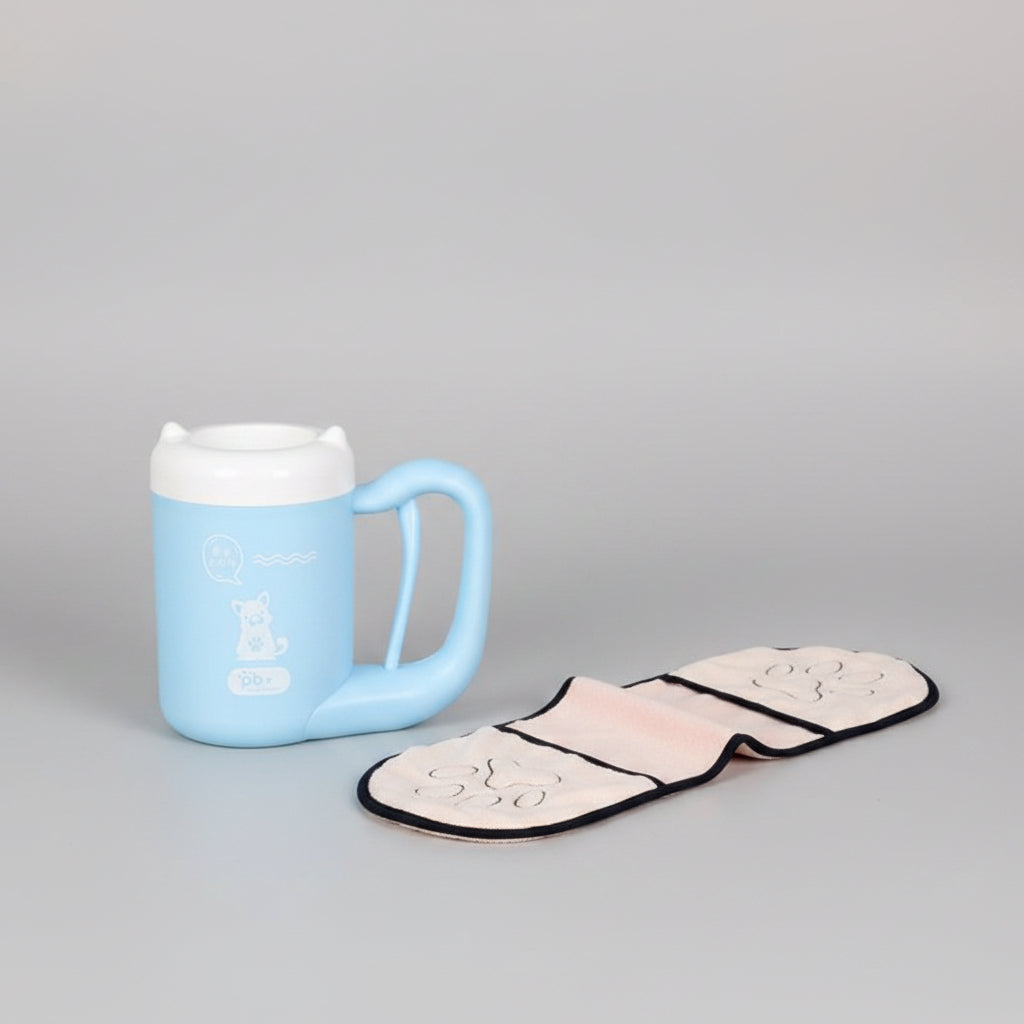 Blue mug a paw print design on a white background