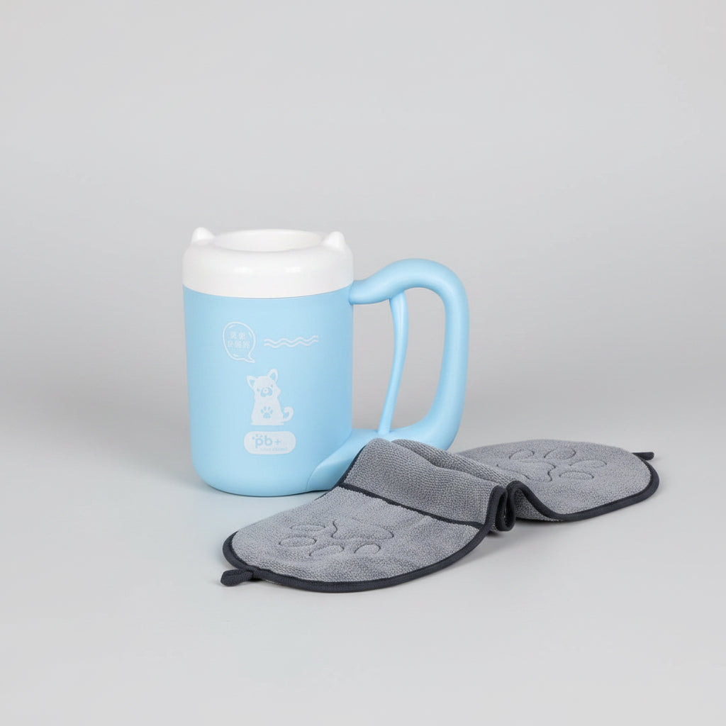 Blue mug on a wooden shelf with a gray bat-shaped on a white background