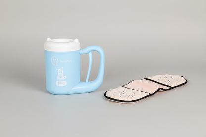 Blue mug on a wooden shelf with a paw print design on a white background