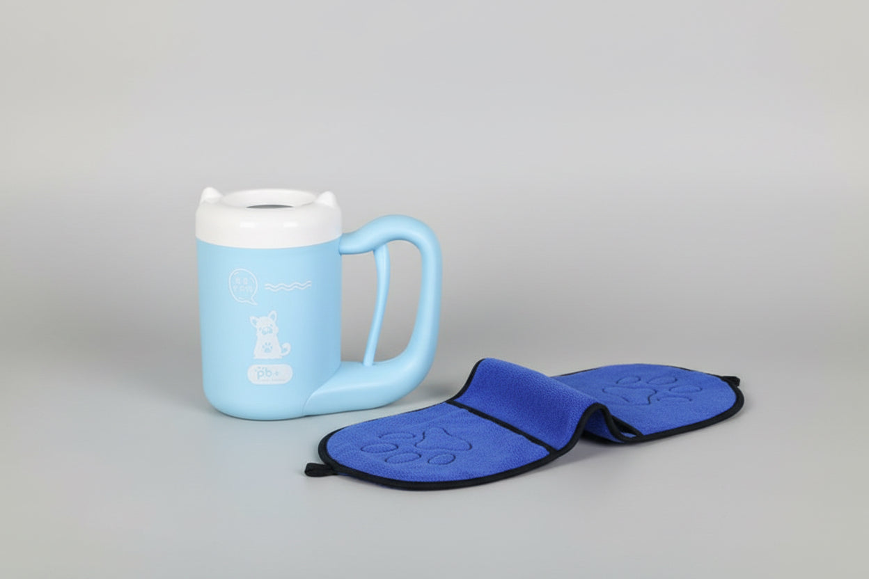 Blue mug on a wooden shelf with a blue featuring paw prints on a white background.