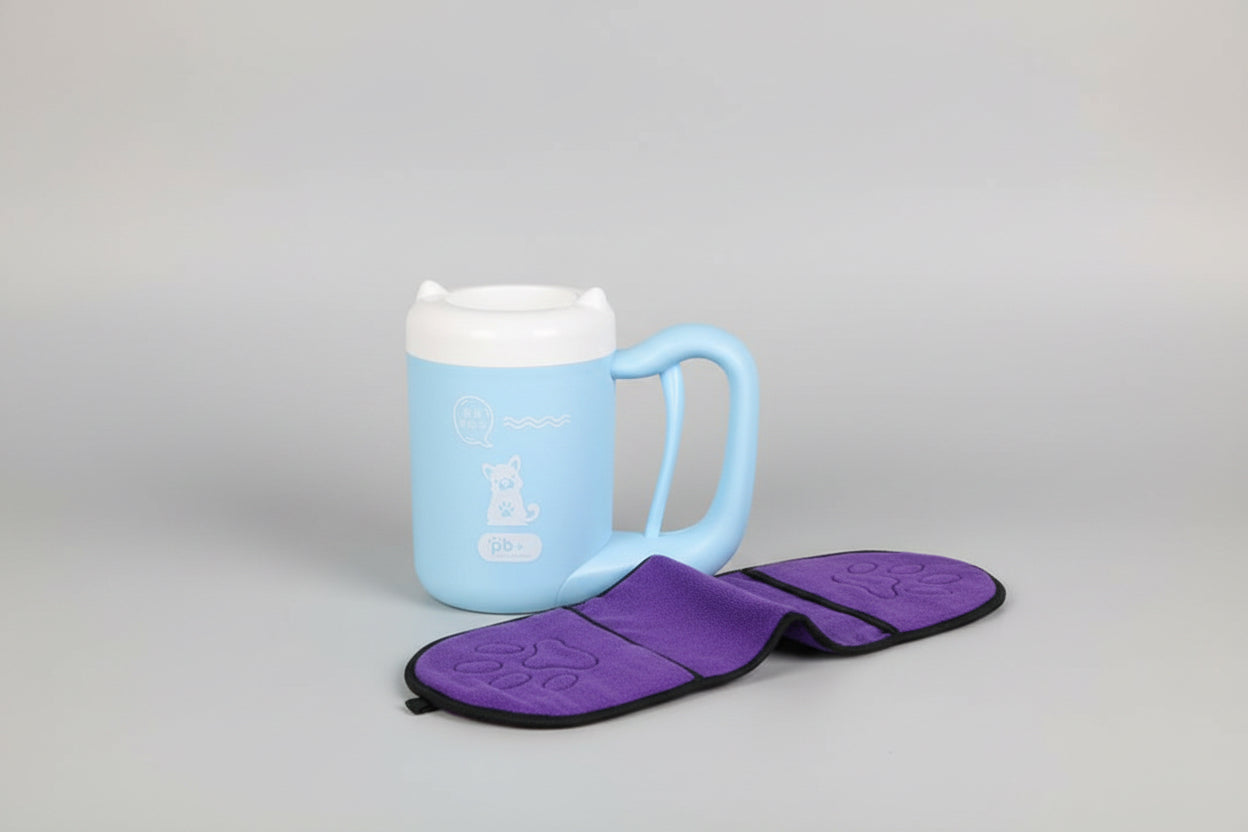 Blue mug with a purple paw-patterned product next to it.