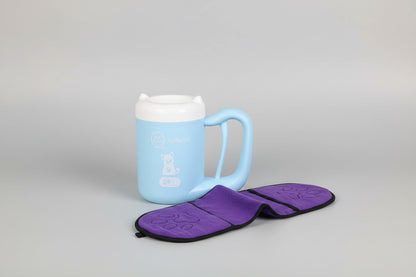 Blue mug with a purple paw-patterned product next to it.