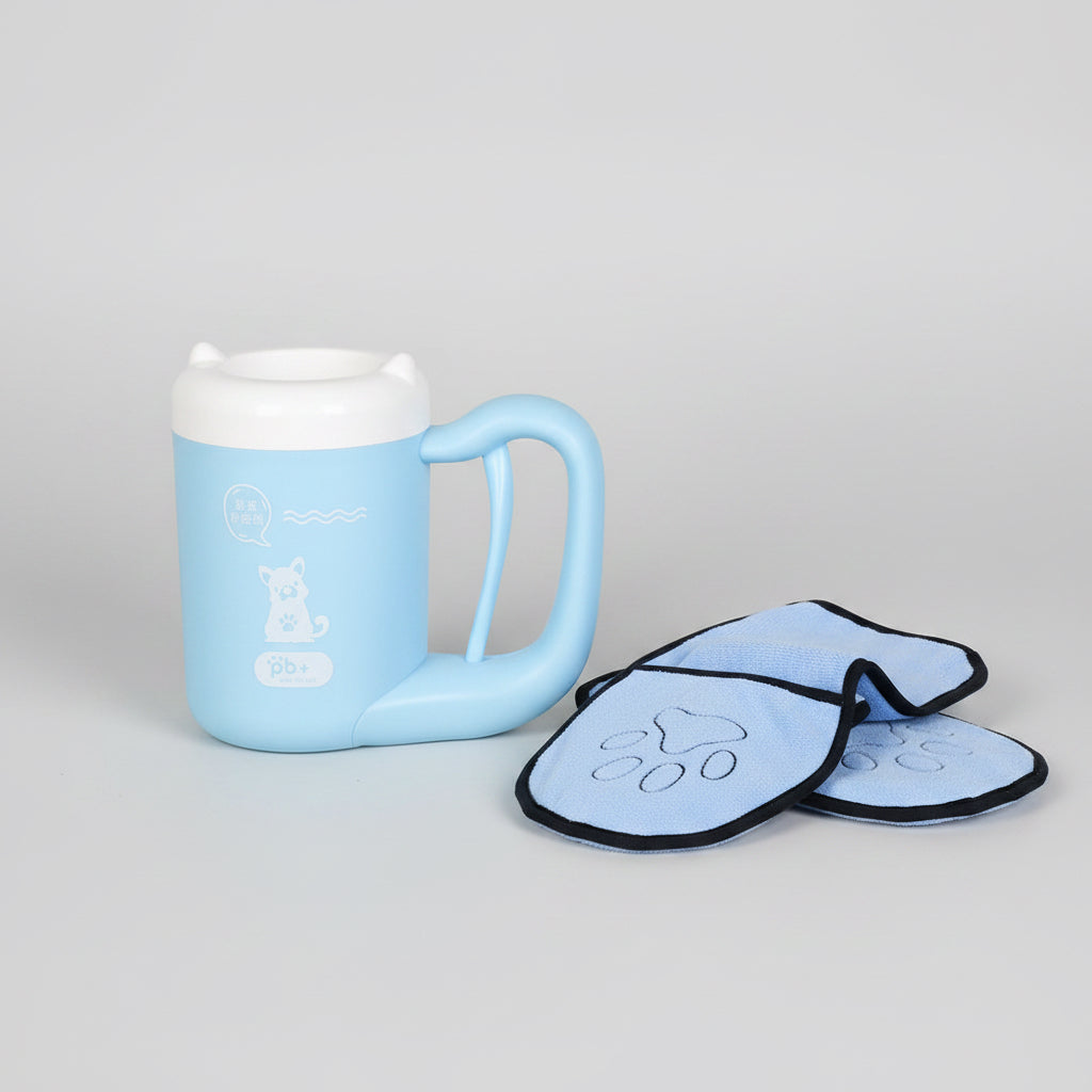 Blue mug with paw print design on a wooden shelf and matching blue paw print design on a white background.