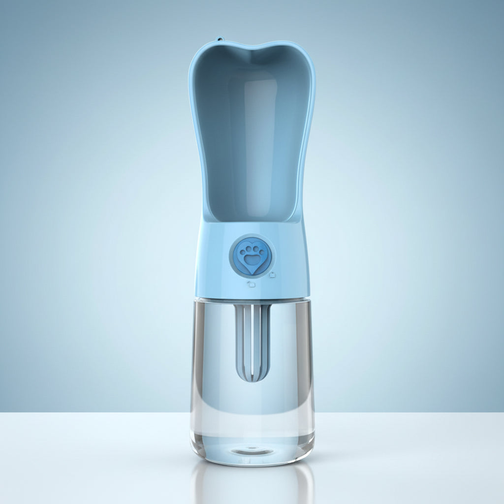 Blue pet water bottle with a heart-shaped design