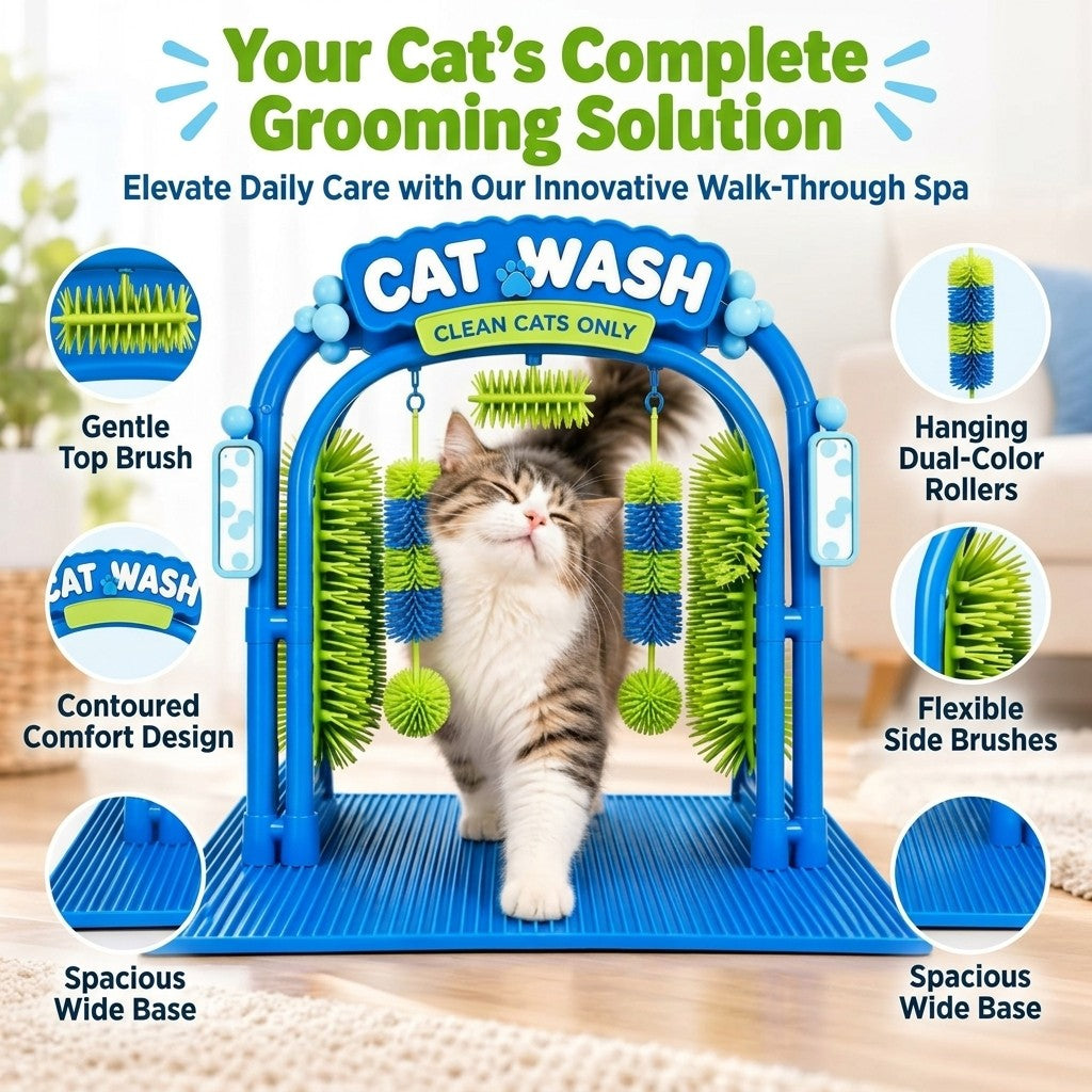 Blue arch walk-through cat grooming station titled "Your Cat's Complete Grooming Solution," with feature callouts and a happy tabby cat rubbing against the brushes.