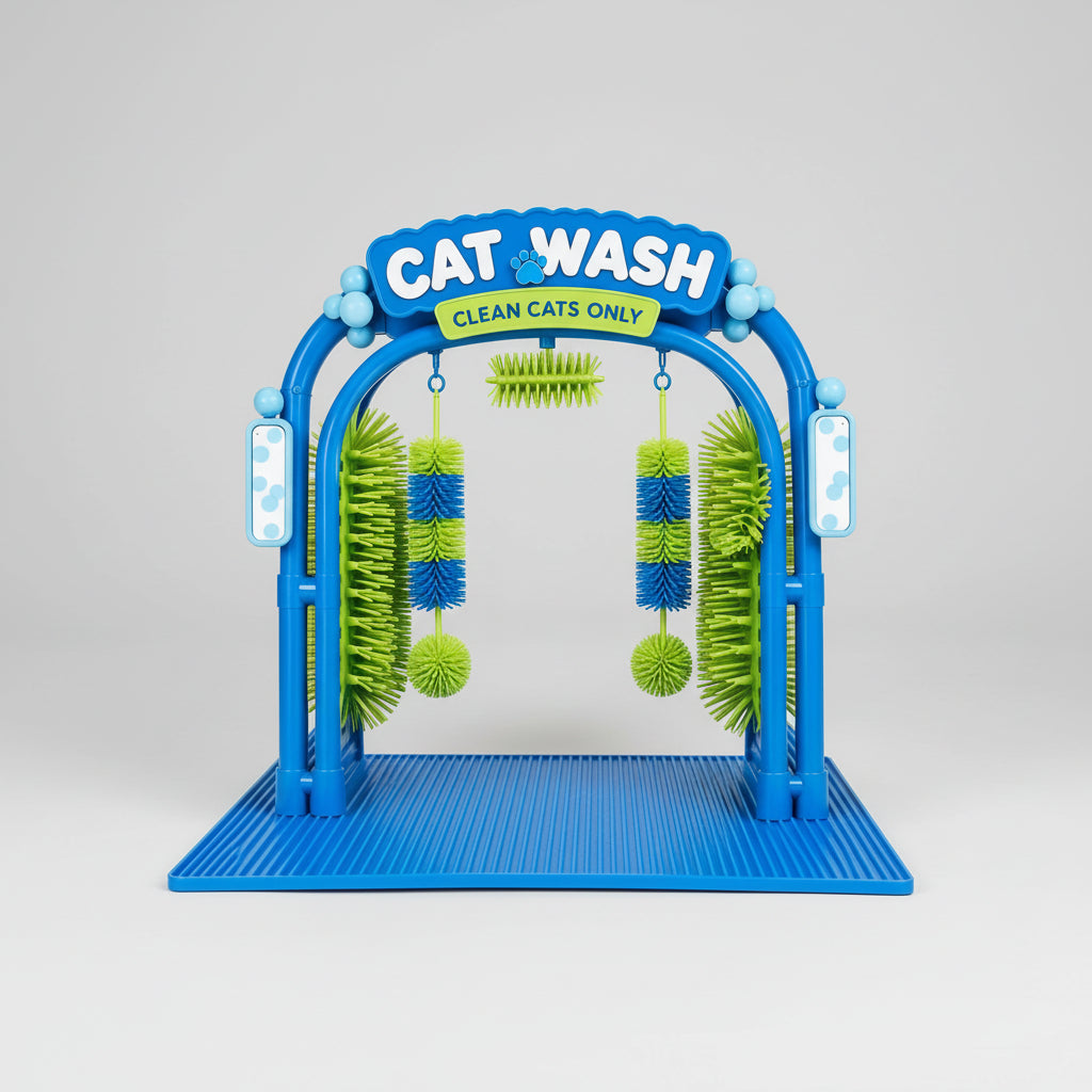 A cat walks through a blue and green self-cleaning cat grooming brush arch in a bright living room. The product has hanging green and blue brushes, a striped cat on the arch, and promotional text at the top reading 'Made for Daily Grooming' and 'CAT WASH CLEAN CATS ONLY'.