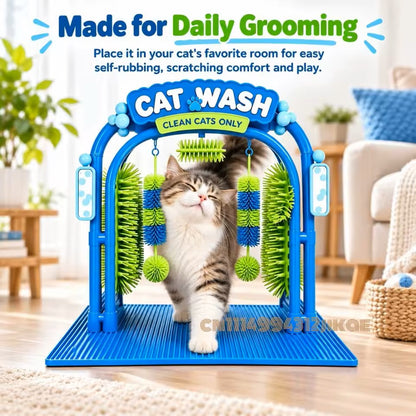 Blue walk-through cat grooming station titled "Made for Daily Grooming," showing a happy brown-and-white tabby cat walking through self-rubbing brushes in a modern living room.