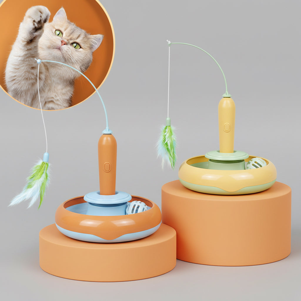 Cat playing with a toy on an orange background