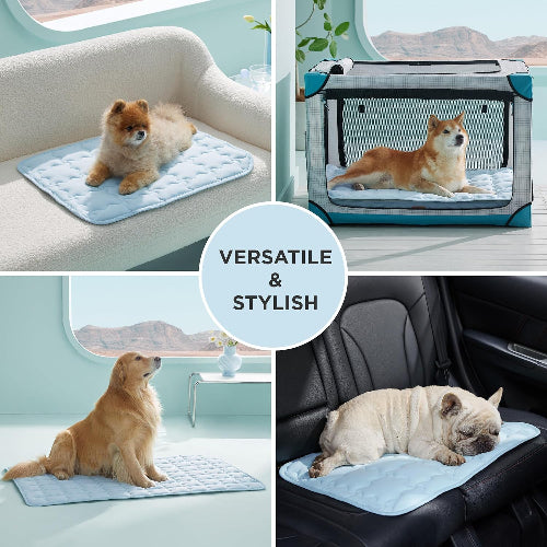 Cat resting on machine washable pet cool pad for summer heat relief