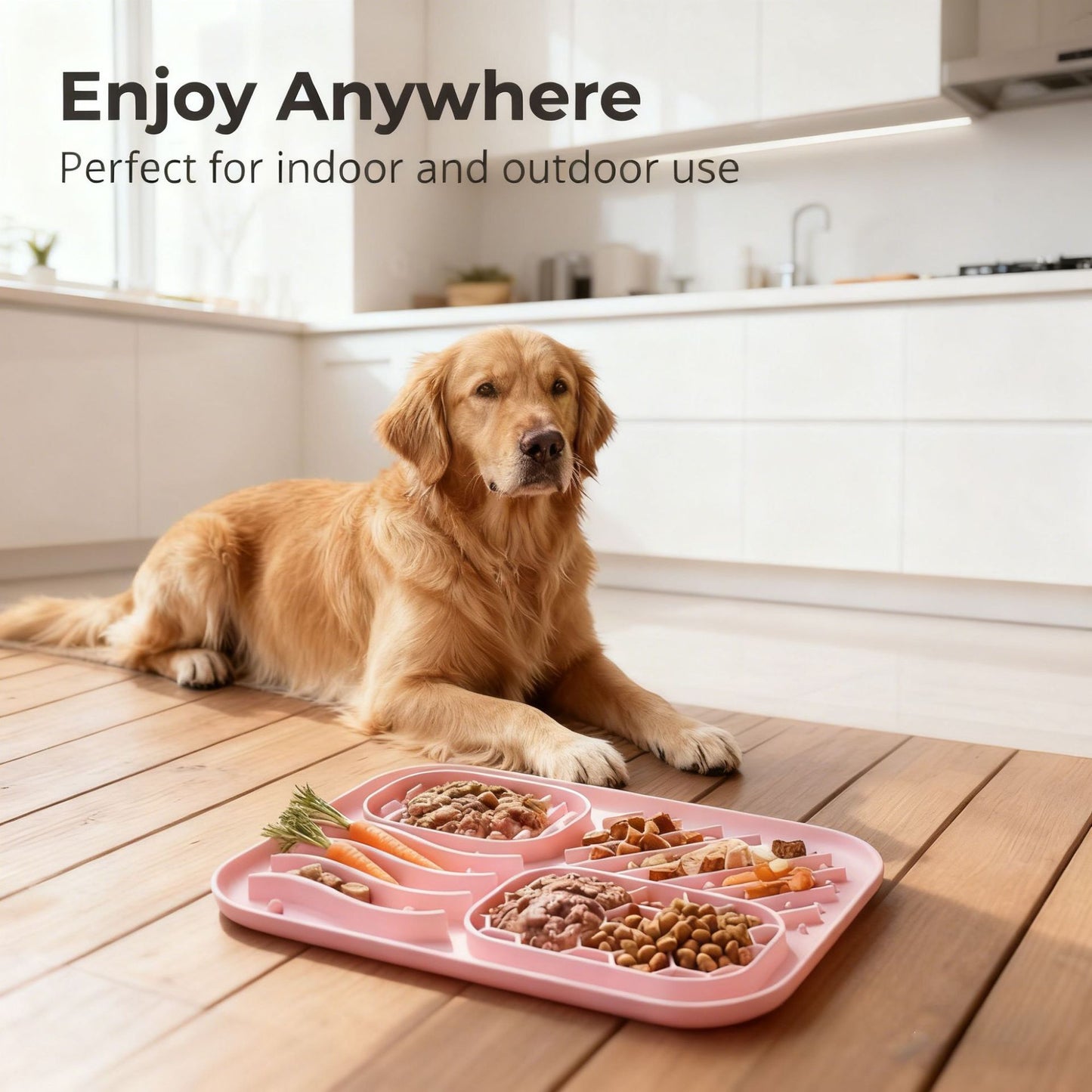 Dog lying on a wooden floor with a pink pet food tray containing food, in a kitchen setting.