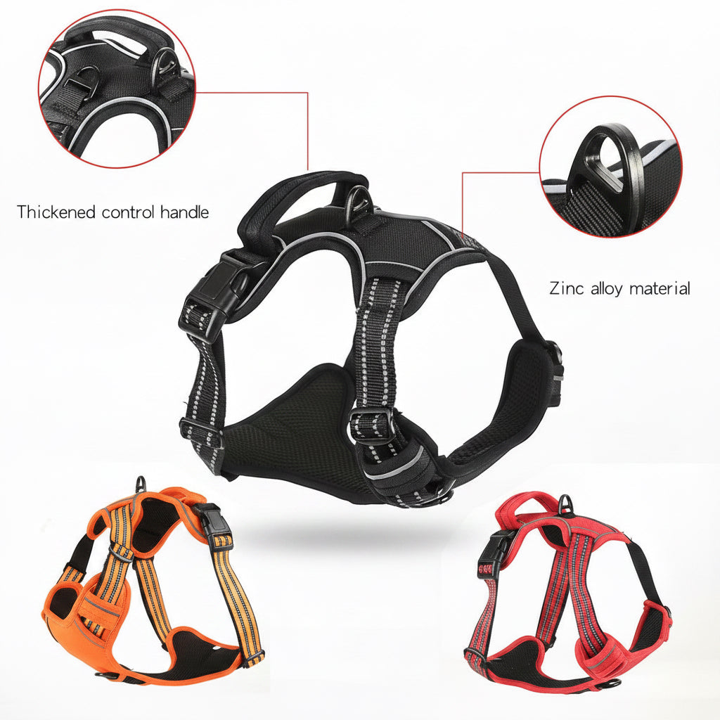 Dog harness with detailed features and color options on a white background