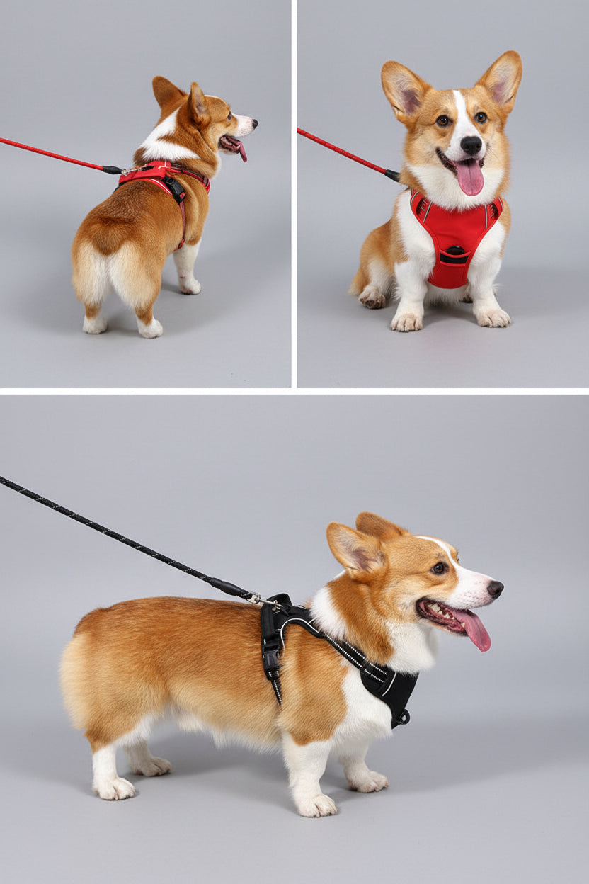 Corgi dog wearing a red harness on a leash, walking on a pavement.