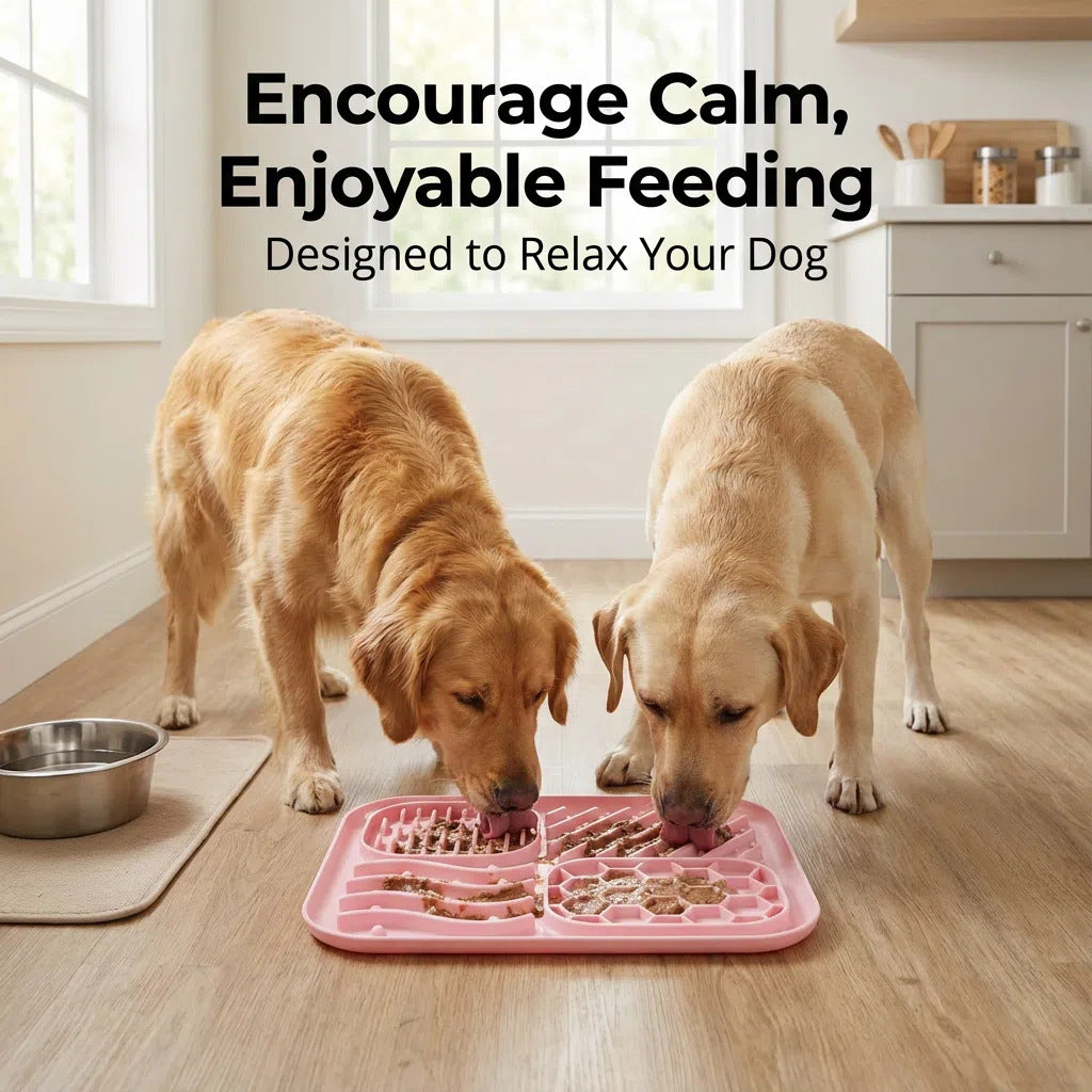 Two dogs eating from a pink slow feeder on a wooden floor with text about encouraging calm feeding.