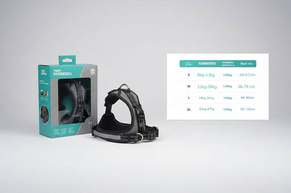 Size chart for TUFF HOUND products with weight, tensile force, and bust size information.