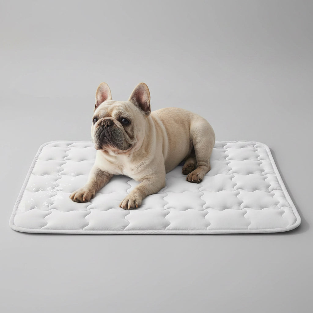 Dog lying on a quilted mat