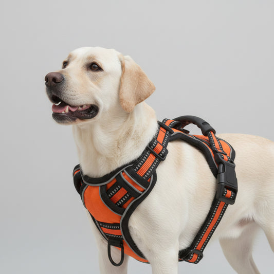 Dog wearing an orange and black harness on a white background