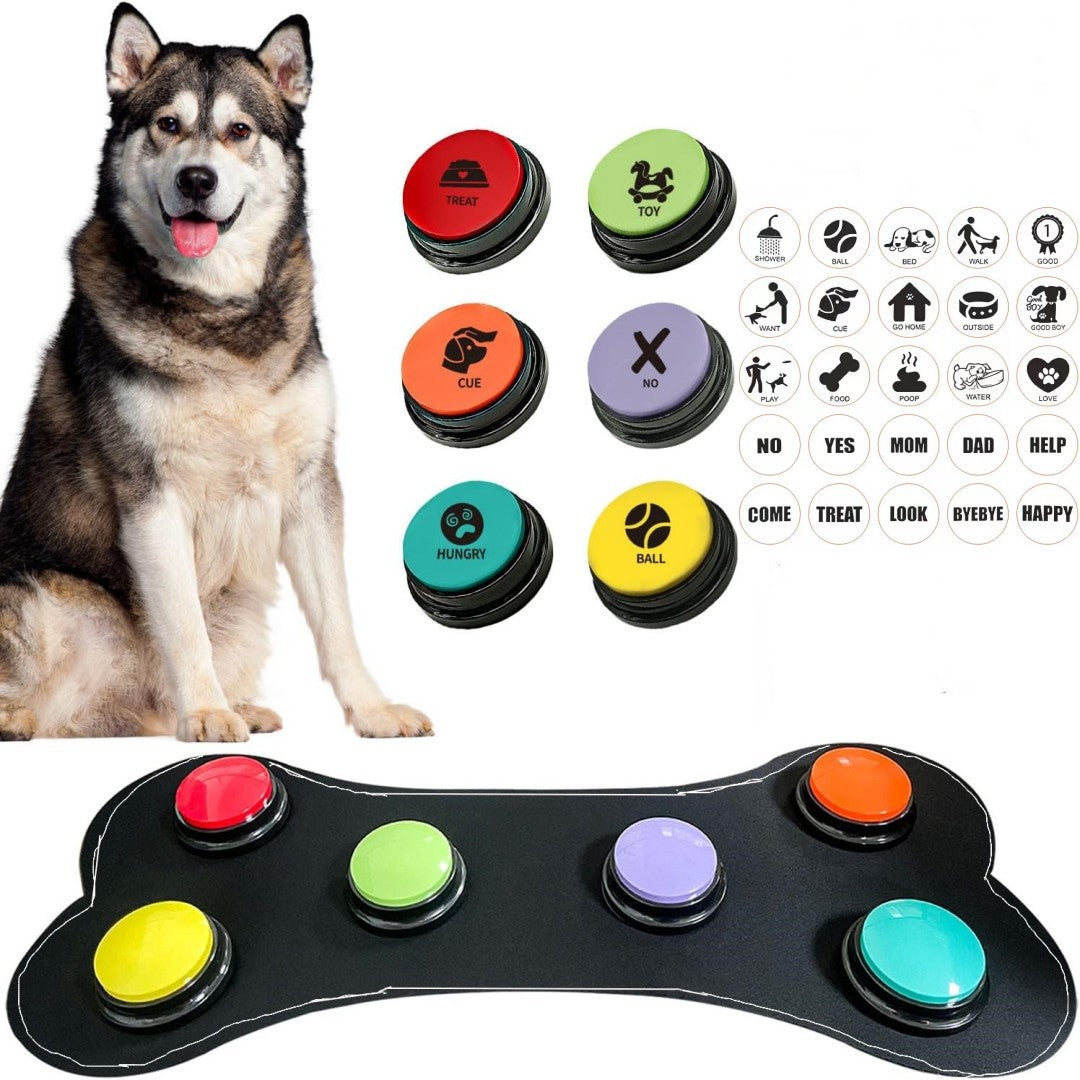 Dog pressing recordable talking button to ask for a walk outside