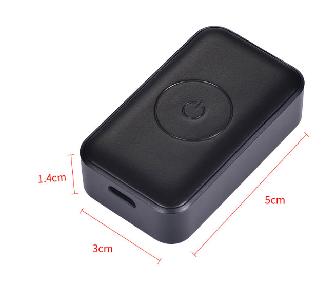 Black rectangular device with circular component, shown with dimensions on a white background
