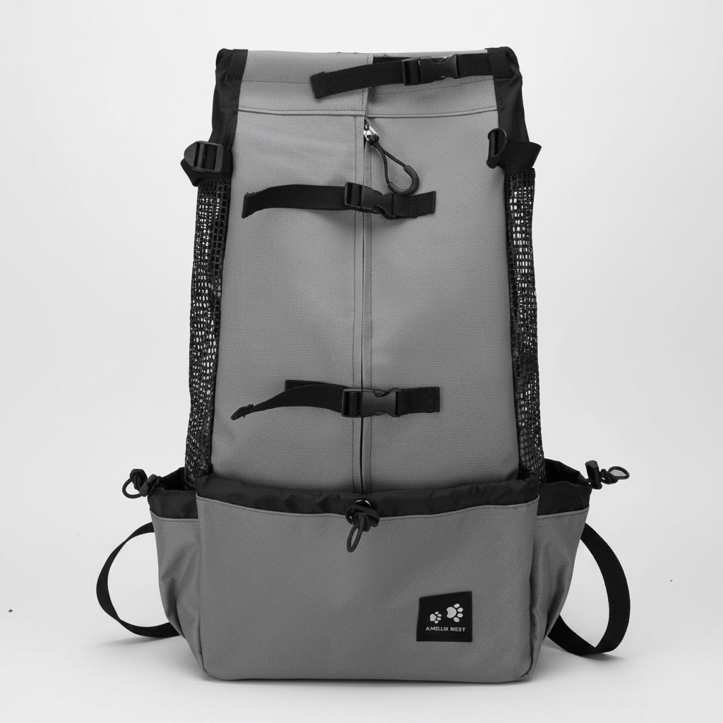 Gray backpack with black straps on a white background