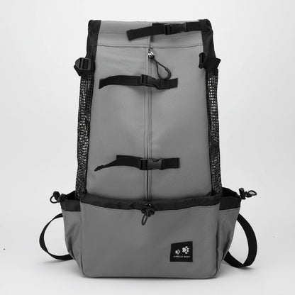 Gray backpack with black straps on a white background