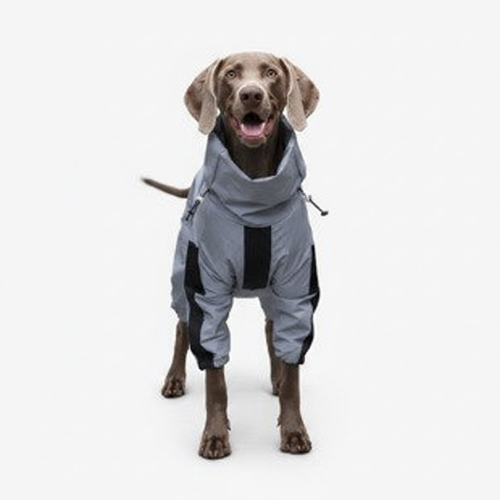 Dog wearing a gray raincoat on a white background